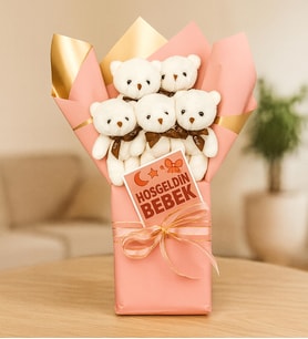 Hoşgeldin Bebek Tasarımlı Peluş Ayıcık Buketi (Pembe)