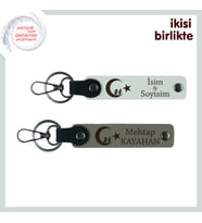 Çocuk Ve Ayyıldız Deri Anahtarlık Set – Doğum Gününe Özel İsim Yazılabilen Hediye, Beyaz-Kül Gri