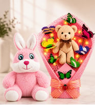LED Işıklı Peluş Ayıcık Buketi ve Pembe Peluş Tavşan Sevgiliye Arkadaşa Anneye Kadına Hediye