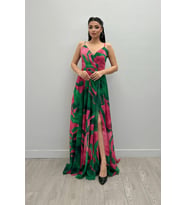 Organze Sifon Kumaş Desenli Maxi Elbise - YEŞİL