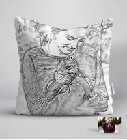 BK Gift Kişiye Özel Tam Boy Karakalem Kedi ve Kız Karikatürlü Beyaz Yastık-1