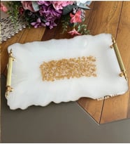 Altın Varaklı Dalgalı Desenli Büyük Boy Söz Nişan Damat Epoksi Tepsisi (Beyaz)