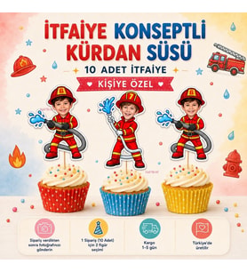 Kişiye Özel İtfaiye Konseptli Kürdan Süsü 10 Adet Fotoğraflı Doğum Günü Süsü