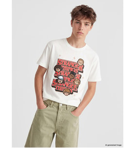 LCW Kids Ekru Bisiklet Yaka Stranger Things Baskılı Erkek Çocuk Tişört