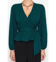 Moda Kruvaze Dokuma Regular Düz Desen Resmi Regular Uzun Kol Bluz (Zümrüt Yeşili)