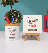 Anneler Günü Hediyesi Anneye Hediye - 14 - Kalemlik ve Dekoratif Taş Baskı Hediye Seti