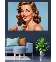 Dondurma Yerken Gülümseyen Pin-Up Kızı Portresi Dekoratif Kanvas - Mdf Ahşap Tablo
