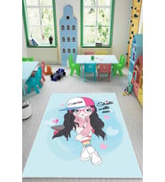 Mavi Kaymaz Tabanlı Yıkanabilir Prensesli Çocuk Halısı KD116