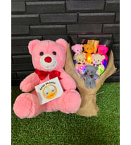 Ozur Hediyesi 35cm Pembe Ayıcık ve Rengarenk Işıklı 6lı Ayıcık Buketi