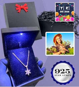 Kişiye Özel Fotoğraflı Doğum Günü Hediyesi Işıklı Kutuda 925 Ayar Gerçek Ametist Taşlı Lotus Kolye