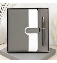 Kişiye Özel Gri Vip Deri Kapaklı Defter Ve Metal Kalem Set