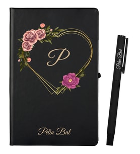 Sevgiliye Hediye Kişiye Özel Siyah Defter ve Siyah Roller Kalem Seti