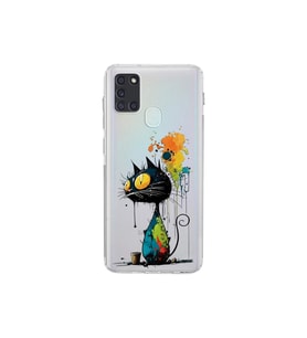 Samsung Galaxy A21S ile Uyumlu Splash Kedi Tasarımlı Şeffaf Silikon Kılıf