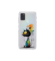 Samsung Galaxy A21S ile Uyumlu Splash Kedi Tasarımlı Şeffaf Silikon Kılıf