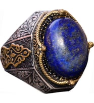El Yapımı Vintage Tasarım Zümrüt Yüzük - 925 Ayar Gümüş Erkek Yüzük Altın Aksamlarıyla (Lapis Lazuli)