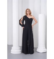 kadın siyah tek kol astarlı tül kumaş tasarım abiye tulum NBS9389