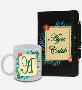 Kişiye Özel Siyah Ajanda Defter & Beyaz Kupa & Roller Kalem Hediye Seti