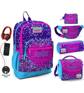 Coral High Mor Mavi Kalp USB Soketli Beşli Okul Çantası Seti - Kız Çocuk (Çok Renkli)