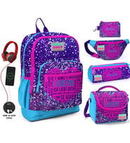 Coral High Mor Mavi Kalp USB Soketli Beşli Okul Çantası Seti - Kız Çocuk (Çok Renkli)