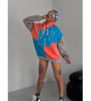 Kadın W Nakış İşlemeli Kapüşonlu 3 iplik pamuklu Parçalı Sweatshirt Hoodie - Mavi