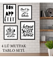 Mutfak temalı 4’lü MDF Duvar Tablo Seti – 20x20 20x25 20x30 Modern Yazı Dekor