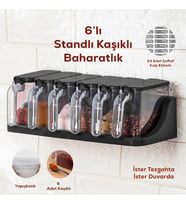 Porsima 1183 6 lı Standlı Kendinden Yapışkanlı Kapaklı Kaşıklı Baharatlık Takımı - Baharatlık - Siyah