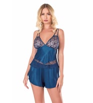 Primoda Petrol Mavisi Saten Babydoll Şort Takımı 9127