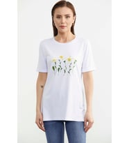 Papatya Baskılı Basic Tişört - Beyaz