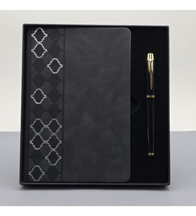 Desenli Siyah Deri Defter Kalem Set