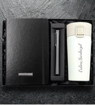 Kişiye Özel Siyah Defter & Gri Renk Roller Kalem & 350 ML Kilitli Beyaz Çelik Termos Hediye Seti