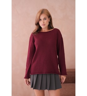 Kadın Bordo Basic Oversize Kayık Yaka Dokulu Triko Kazak 8529sw