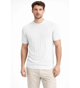 Erkek Yazlık Fitilli Triko Tişört Kısa Kol Bisiklet Yaka T-Shirt - Beyaz