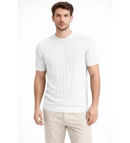 Erkek Yazlık Fitilli Triko Tişört Kısa Kol Bisiklet Yaka T-Shirt - Beyaz