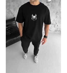 pilelistore- Unisex Bisiklet Yaka Baskılı Oversize T-Shirt - Siyah