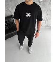 pilelistore- Unisex Bisiklet Yaka Baskılı Oversize T-Shirt - Siyah