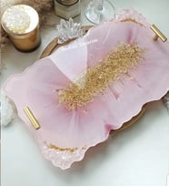 Altın Varaklı Dikdörtgen Dalgalı Desenli Iki Kişilik Söz Nişan Damat Epoksi Sunum Tepsisi (Pembe)