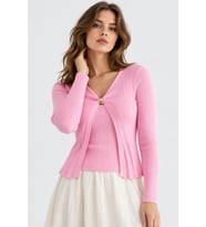 Kadın 2'li Takım Fitilli Triko Bluz Ve Atlet Kaşmir Dokulu Akrilik Set - Pembe