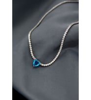 925 Ayar Gümüş Rodyum Kaplama Zirkon Taşlı Su Yolu, Mavi Tek Taş Kalp Kolye