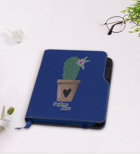 BK Gift Kişiye Özel Kaktüs Tasarımlı Lacivert Termo Deri Defter-6