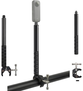 Mengene Gidon Montajlı Görünmez Selfie Çubuğu, Insta360 X3, X2, X4, X5, ONE RS, GO 3, One X, Evo ile Uyumlu, Alüminyum Çubuk, 1/4” Vidalı Bağlantı, 360° Görünmez Çekim, MG02, Siyah