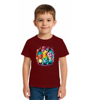 Unisex Pokemon Baskılı Çocuk Tişört pamuklu penye kumaş (Bordo)