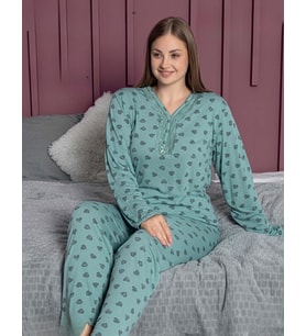 Pijamerry Kadın Büyük Beden Dantel Yaka Bambu Uzun Kol Pijama Takımı 5161 - 1 Adet (Yeşil)