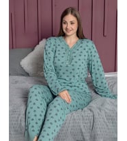 Pijamerry Kadın Büyük Beden Dantel Yaka Bambu Uzun Kol Pijama Takımı 5161 - 1 Adet (Yeşil)