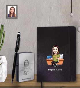 Kişiye Özel Öğretmen Karikatürlü  Siyah Defter Kalem Çakmak Hediye Seti  Bayan-17 (Model 1)