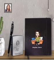 Kişiye Özel Öğretmen Karikatürlü  Siyah Defter Kalem Çakmak Hediye Seti  Bayan-17 (Model 1)