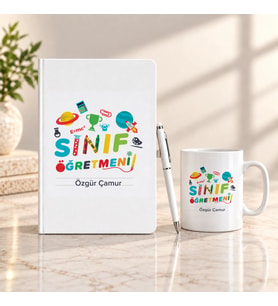 Sınıf Öğretmenine İsme Özel Defter Kalem ve Kupa Hediye Seti