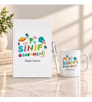 Sınıf Öğretmenine İsme Özel Defter Kalem ve Kupa Hediye Seti