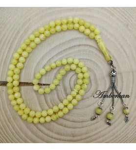 Amberkan Damla Kehribar 99’luk Gümüş Püsküllü Tesbih – Küre Kesim – Sarı – 6 mm