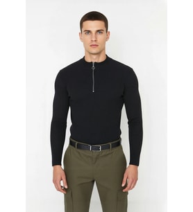 Erkekler İçin Fitted Kesim Fermuar Detaylı Dik Yaka Fitilli Pamuk Polyester Triko Kazak Casual Tarz