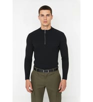 Erkekler İçin Fitted Kesim Fermuar Detaylı Dik Yaka Fitilli Pamuk Polyester Triko Kazak Casual Tarz